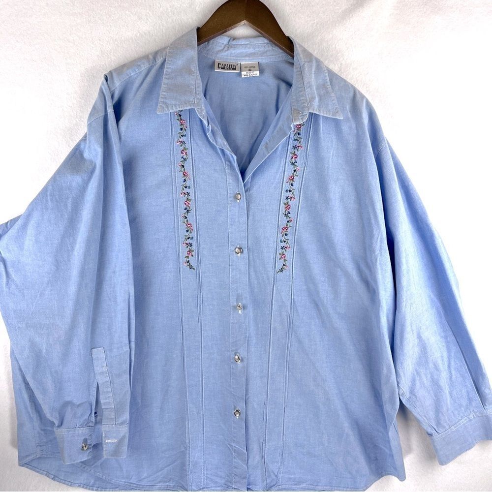 Capacity‎ Oversized Chambray Button Down Tunic Shirt Embroidery Women's 24